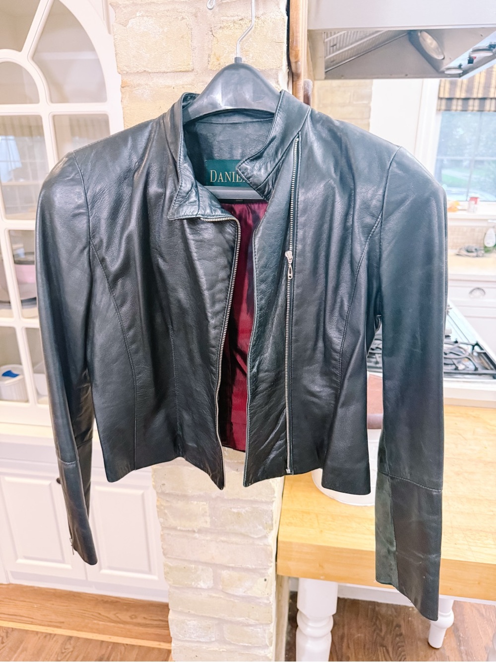 Danier Black Leather Asymmetric Moto Jacket with Burgundy Lining